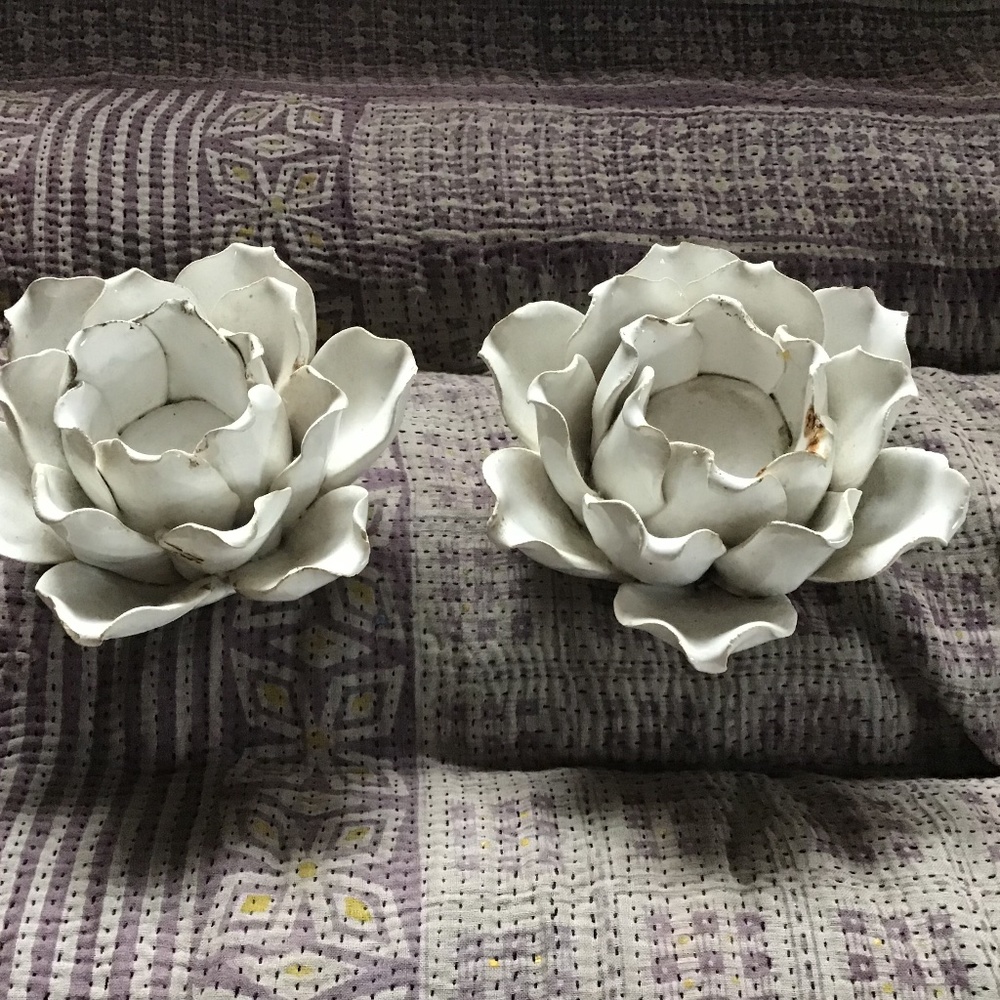 Anthropologie lotus candle HOLDERS white ceramic SHABBY chic decor - Picture 2 of 4